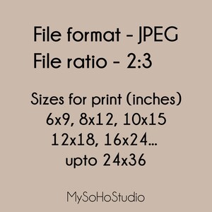 May include: Text on a beige background that reads "File format - JPEG File ratio - 2:3 Sizes for print (inches) 6x9, 8x12, 10x15 12x18, 16x24... upto 24x36 MySoHoStudio"
