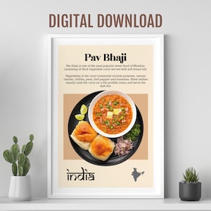 Cartel de comida de Pav Bhaji, arte de la comida india Desi, arte de la comida asiática, cartel indio colorido, arte de la pared Desi, cartel de la pared de la cocina, decoración del restaurante