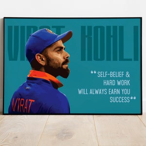 Citação de Virat Kohli, pôster de críquete de Virat Kohli, decoração esportiva indiana, presente para amante de críquete, pôster de arte pop, pôster de celebridades