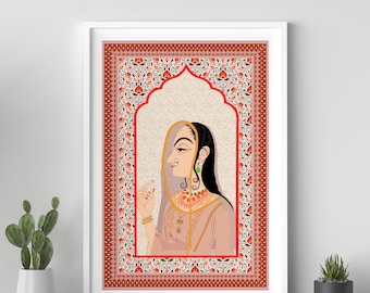 Arte de la pared india, arte mogol indio, impresión de arte indio, reina india, arte vintage indio colorido, decoración de la sala de estar, pintura india,