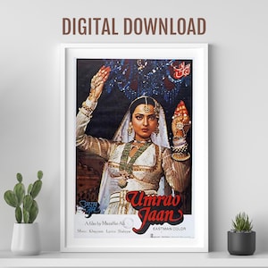 Pôster do filme Umrao Jaan, arte de parede Desi, pôster do filme de Bollywood, pôster retrô de Bollywood, pôster do filme indiano, pôster de Rekha
