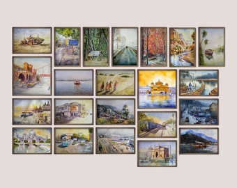 Ensemble de 22 affiches indiennes aquarelles, estampes indiennes colorées, décoration de salon, ensemble mural de galerie, lot d'affiches, impression d'art mural de voyage
