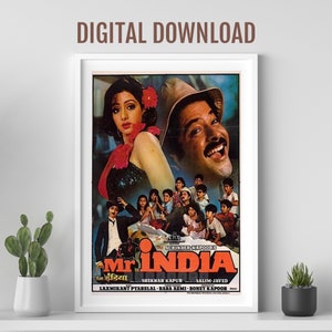 Mr India movie poster, Desi Wall art, Bollywood movie poster, retro Bollywood poster, Indian film poster, Anil Kapoor, Sri Devi poster