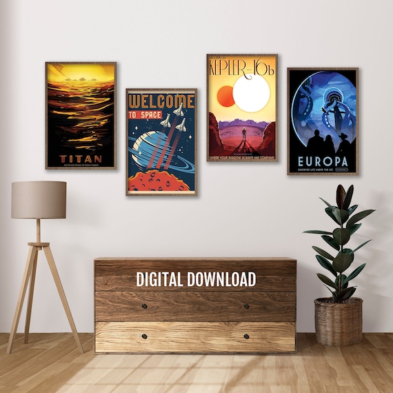 Gift Set of 4 Space Posters for Teenager, Space Wall Art, Rocket
