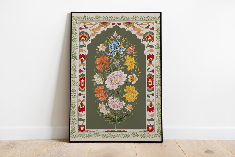 Set of 4 Colourful Indian floral art, Living room decor, Mughal art prints, Gallery wall set, Indian painting, Boho wall art printable image 8