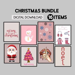 Christmas gallery wall set, Pink Christmas home decor, Christmas prints, Winter wall art, Holiday decor, Christmas wall decor,