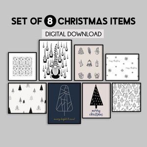 Kerstgalerijwandset, minimaal kersthuisdecor, kerstafdrukken, winterkunst aan de muur, zwart-wit print, kerstwanddecor,