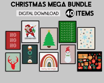 Könnte beinhalten: Ein digitales Download-Paket mit 40 weihnachtlichen, druckbaren Wandbildern. Die Designs beinhalten einen Schneemann, einen Weihnachtsbaum, einen Regenbogen, ein Rentier, einen Weihnachtsmann und einen Adventskalender.
