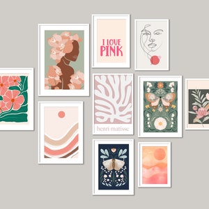 Set van 10 roze muurkunst, meisjesachtig kamerdecor, uniek cadeau voor haar, roze prints, galerij muurset prints, roze tinten, Valentijnscadeau voor haar