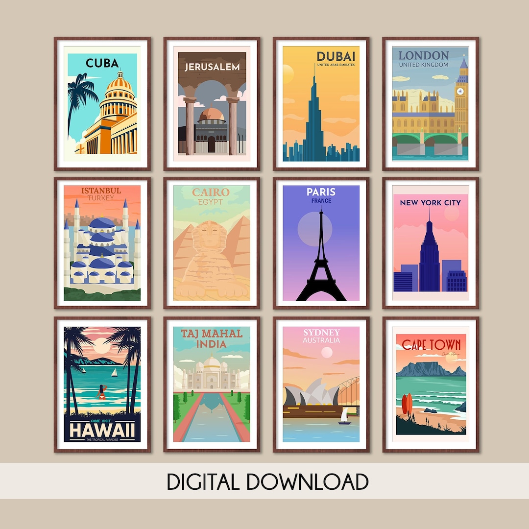 Retro International Travel Posters, Set of 12 Travel Posters, Vintage