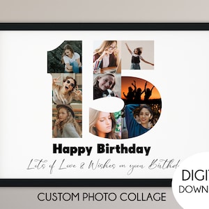 Regalo di collage di foto del 15° compleanno, regalo del 15° anniversario, collage di foto numeriche, segno del 15° compleanno, regalo di compleanno, regalo per lei,