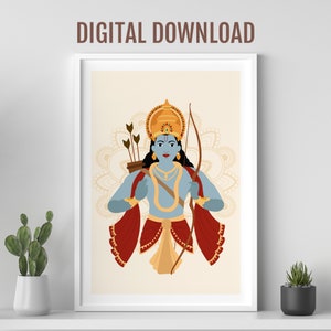 Lord Rama digital print, Hindu god poster, Meditation wall art, Hindu wall art, Desi art, Colourful Indian wall art, Jai Shree Ram