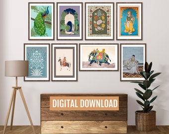 Indian vintage art, Set of 8 vintage prints, Living room decor, Gallery wall set, Mughal vintage poster bundle, Indian wall decor Indian art