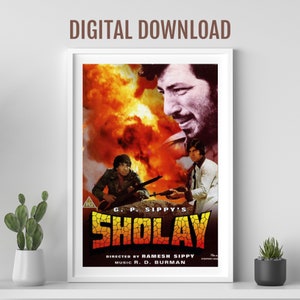 Sholay movie poster, Desi Wall art, Bollywood movie poster, Desi art print, retro Bollywood poster, Amitabh  Bachchan, Indian film poster