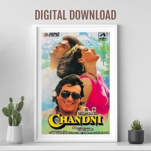 Chandni movie poster, Desi Wall art, Bollywood movie poster, retro Bollywood poster, Indian film poster, Sridevi, Rishi Kapoor, Vinod Khanna