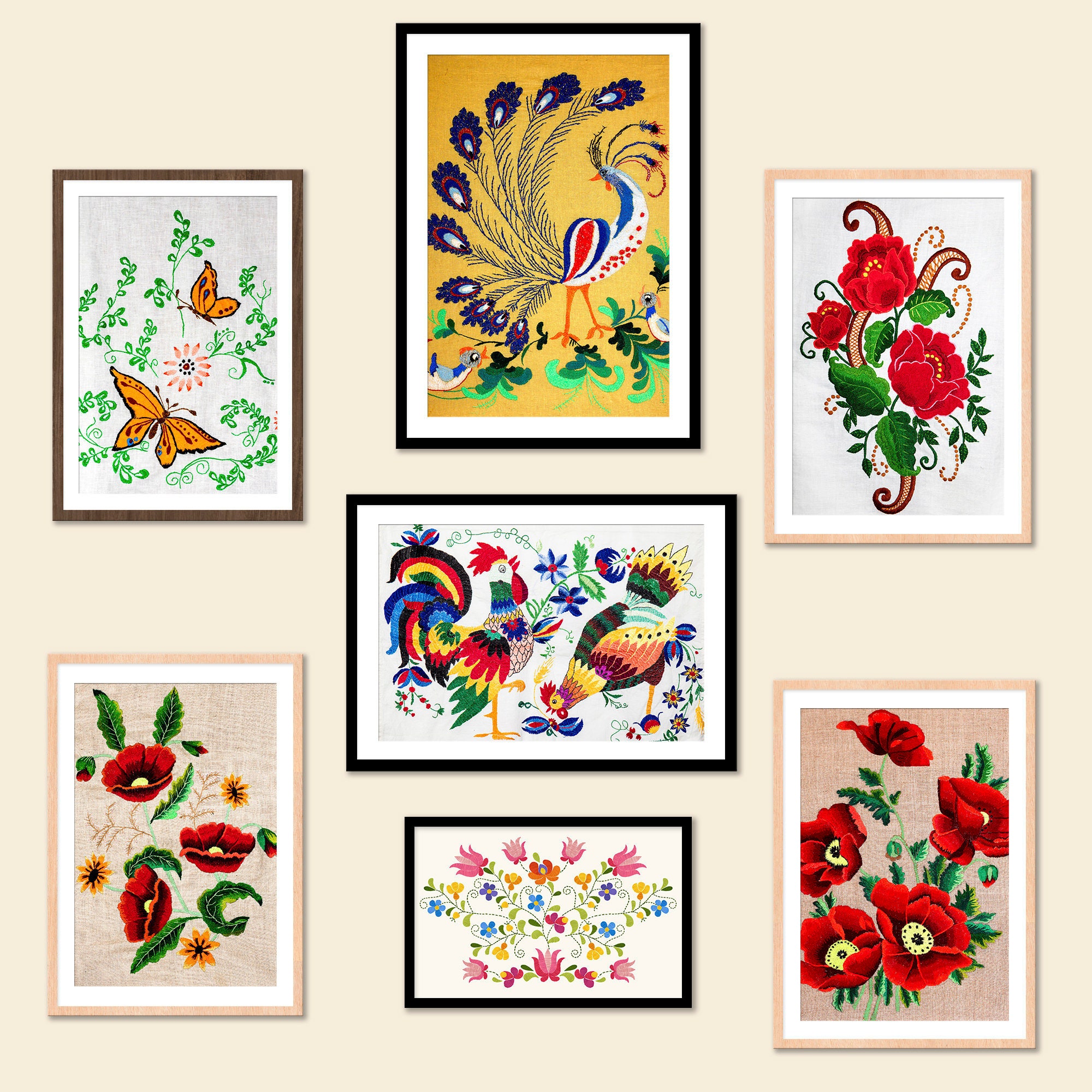 Embroidery Wall Decor, Set of 7 Vintage Prints, Living Room Decor