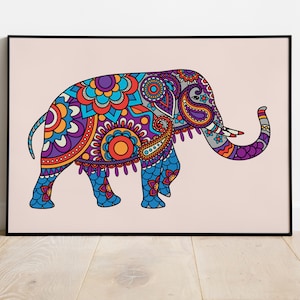 Colourful Indian elephant print, Indian folk art, Indian Livingroom decor, Pichwai painting, Indian painting,Indian poster