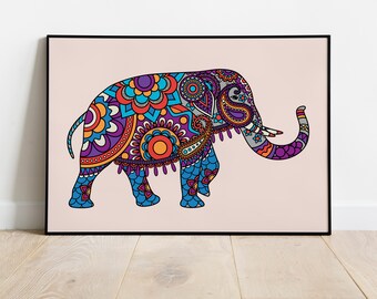 カラフルなインドの象のプリント、インドの民芸品、インドのリビングルームの装飾、ピチワイ絵画、インドの絵画、インドのポスター
