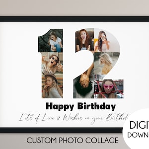 12th birthday photo collage gift, 12th anniversary gift, number photo collage, 12th birthday sign, Birthday gift, gift for her and him