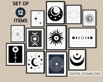 Set of 12 celestial wall prints, Moon print set, Sun print, Constellation prints, Astrology prints,  Celestial wall decor, Boho wall art,