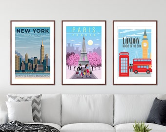 London New York Paris posters, Set of 3 travel posters, Retro travel posters, Vintage travel prints, London poster, travel poster set