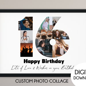 Collage fotografico per il 16° compleanno, regalo per il 16° anniversario, collage di foto numero, segno per il 16° compleanno, Regalo di compleanno, regalo per lei