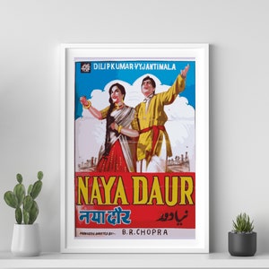 Naya Daur movie poster, Desi Wall art, Bollywood movie poster, retro Bollywood poster, Indian film poster, Dilip Kumar, Vayjantimala