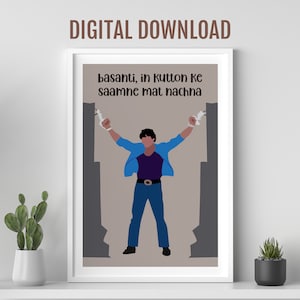 Sholay Filmplakat, Dharmendra, Hindi Filmdialog, Desi Wandkunst, Bollywood Filmplakat, indisches Filmplakat, indische Kultur Pop Art
