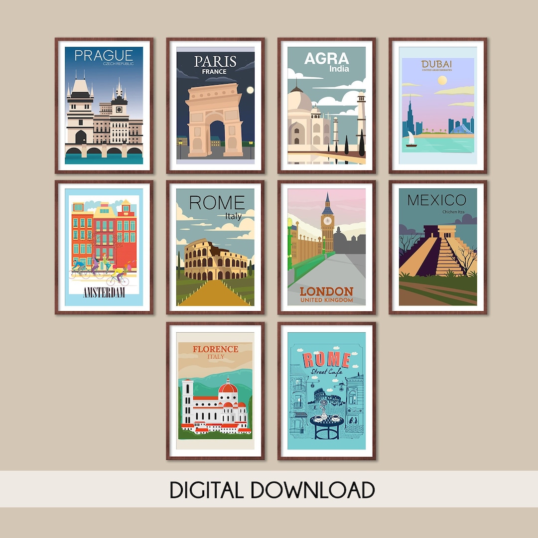 Retro International Travel Posters, Set of 10 Travel Posters, Vintage