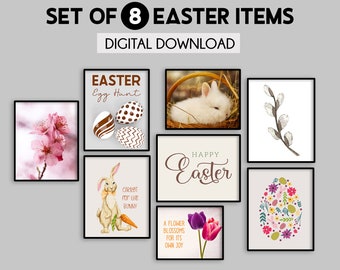 Easter printable wall art, Set of 8 Easter prints, Easter home decor, Bunny decorations, Easter gallery wall set, Spring home decor,