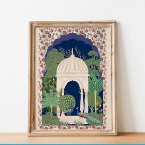 Indian Mughal garden, Pichwai painting, Living room decor, Indian painting, Indian folk art, Indian vintage boho wall art, Indian poster