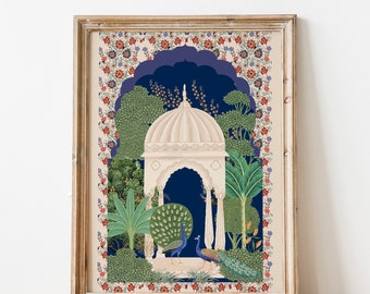 Indian Mughal garden, Pichwai painting, Living room decor, Indian painting, Indian folk art, Indian vintage boho wall art, Indian poster