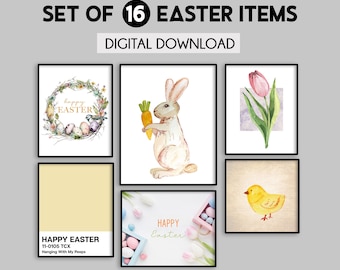 Easter printable wall art, Set of 16 Easter prints, Easter home decor, Bunny decorations, Easter gallery wall set, Spring home decor,