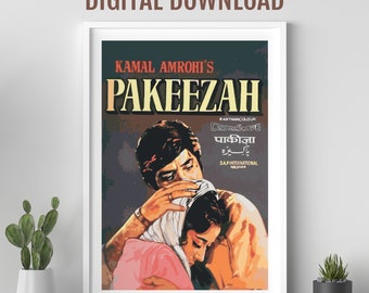 Puede incluir: Un cartel de película vintage para la película "Pakeezah" protagonizada por Kamal Amrohi. El cartel presenta a una pareja abrazándose, con la mano del hombre en la cara de la mujer. El cartel está en un esquema de color rojo oscuro, naranja y amarillo con el título "Pakeezah" en letras amarillas grandes.