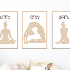 Mind Body Soul print, Gift Set of 3 prints for yoga lover, Yoga poster, Positive aura poster, Spiritual wall art, Yoga printable wall art
