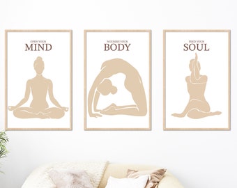 Stampa Mind Body Soul, Set regalo di 3 stampe per gli amanti dello yoga, poster Yoga, poster aura positiva, arte della parete spirituale, arte della parete stampabile Yoga