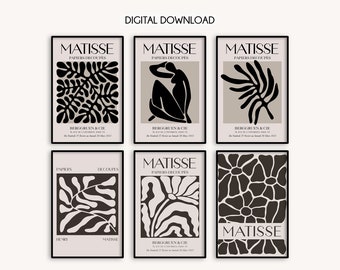 Könnte beinhalten: Sechs schwarz-weiße druckbare Kunstdrucke mit abstrakten geometrischen Formen und dem Text "MATISSE PAPIERS DECOUPES" und "BERGGRUEN & CIE".