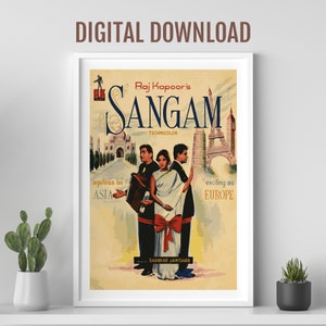 Sangam movie poster, Desi Wall art, Bollywood movie poster, retro Bollywood poster Indian film poster, Raj Kapoor movie, Rajendra Kumar