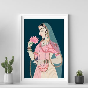 Indian Princess, Mughal Indian wall art, Colourful Indian wall art, Living room decor,  Indian painting, Indian Queen print