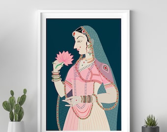 Princesa india, arte de la pared india mogol, arte colorido de la pared india, decoración de la sala de estar, pintura india, impresión de la reina india