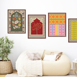 Set of 4 Colourful Indian floral art, Living room decor, Mughal art prints, Gallery wall set, Indian painting, Boho wall art printable image 2