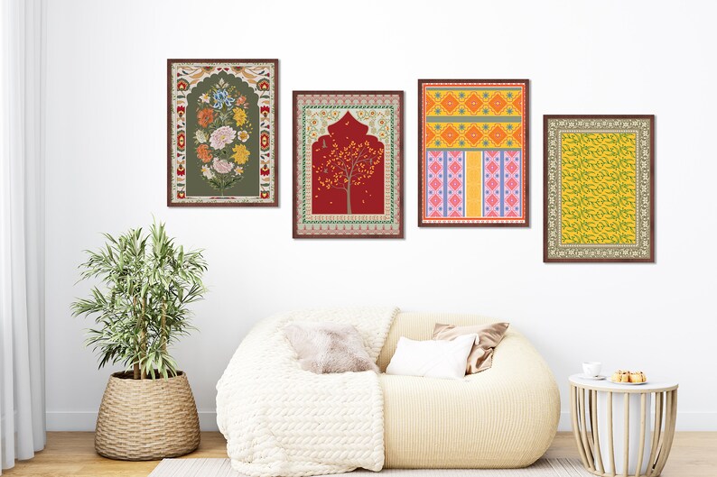Set of 4 Colourful Indian floral art, Living room decor, Mughal art prints, Gallery wall set, Indian painting, Boho wall art printable image 2