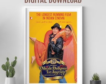 Cartel de la película DDLJ, arte Desi Wall, cartel de la película de Bollywood, Dilwale Dulhania Le Jayenge, cartel retro de Bollywood, cartel de la película india, SRK