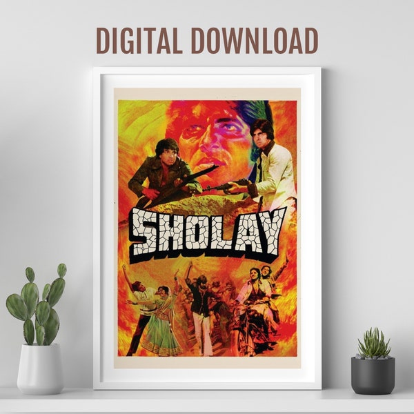 Sholay Filmplakat, Desi Wandkunst, Bollywood Filmplakat, indischer Film, Retro Bollywood Plakat, Amitabh Bachchan, indisches Filmplakat