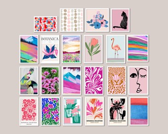Set of 22 Pink wall art prints, girly room decor, unique gift for her, Gallery wall set prints, wall art prints boho, Valentine gift for her