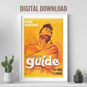 May include: A vintage movie poster for the film "Guide" starring Dev Anand and Waheeda Rehman. The poster features a yellow background with a portrait of Dev Anand in the center. The title "Guide" is written in large white letters.