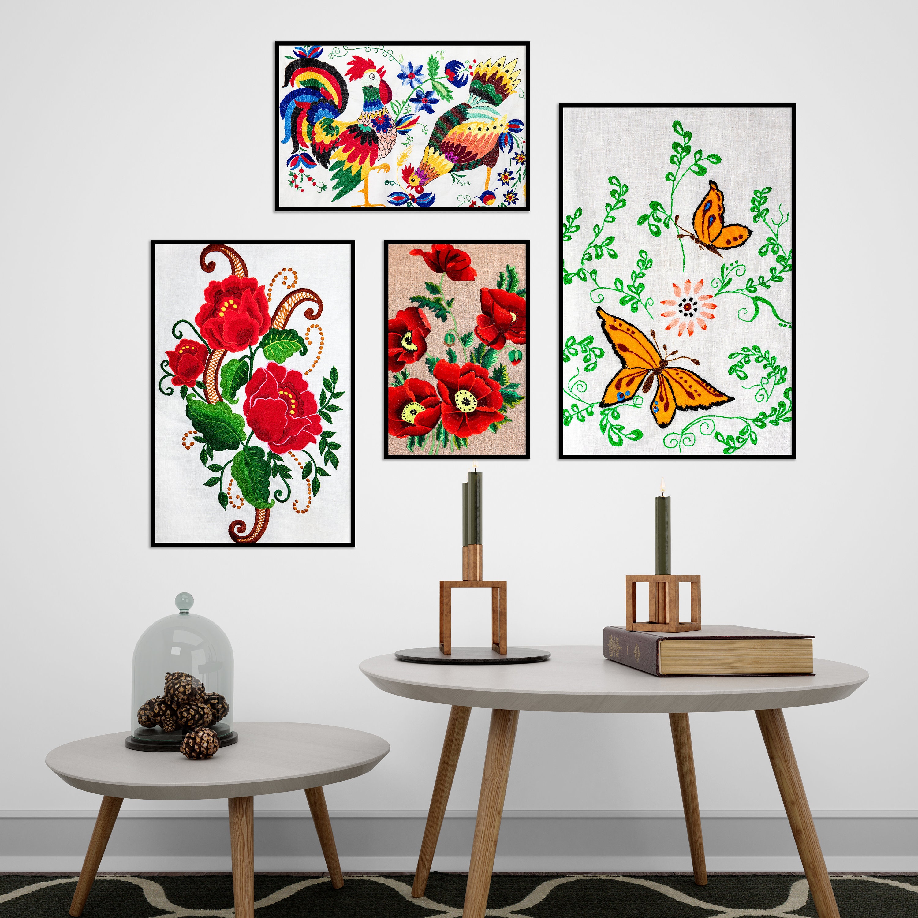 Embroidery Wall Decor, Set of 7 Vintage Prints, Living Room Decor
