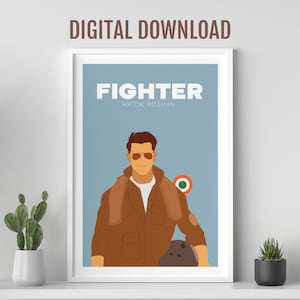 Hritik Roshan in Fighter movie, Desi Wall art, Bollywood movie poster, Bollywood poster sketch, Indian film poster, Hritik portrait poster