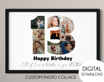 13th birthday photo collage gift, 13th anniversary gift, number photo collage, 13th birthday sign, Birthday gift, gift for him and her
