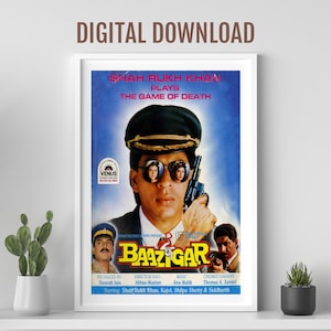 Baazigar movie poster, Desi Wall art, Bollywood movie poster, retro Bollywood poster, Indian film poster, SRK, Kajol, Shilpa Shetty
